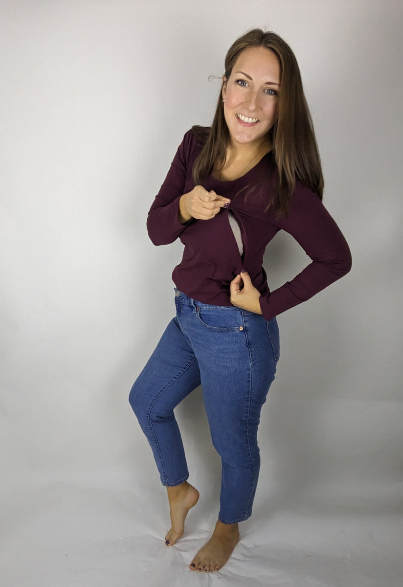 Burgundy nursing/breastfeeding long sleeve hidden zipper dress Mix