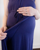 Navy labor and delivery dress with baby monitor and epidural access