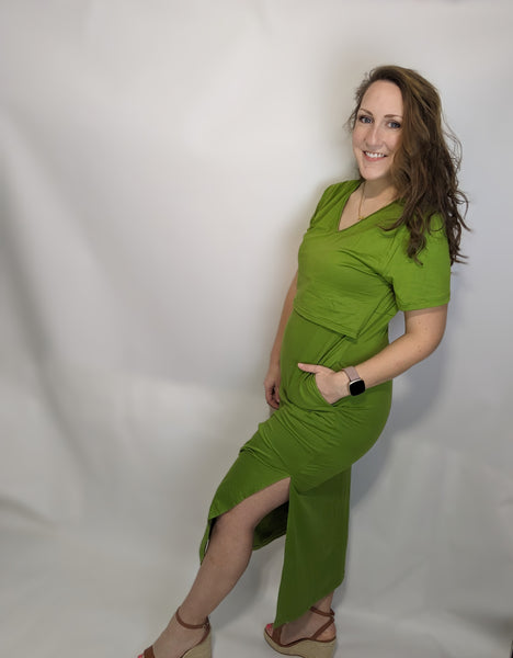 Green short sleeve nursing/breastfeeding midi dress