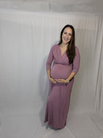 3/4 sleeve mauve surplice maternity/nursing maxi dress