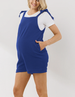 Blue maternity overall romper with tie shoulders for nursing/breastfeeding